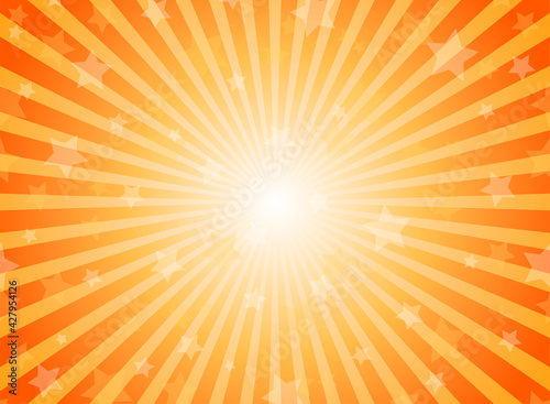Sunlight horizontal background. Orange color burst background with shining stars.