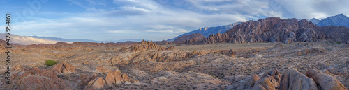 Alabama Hills at sunset with Lone Pine Peak in the background, Eastern Sierra, California, USA.