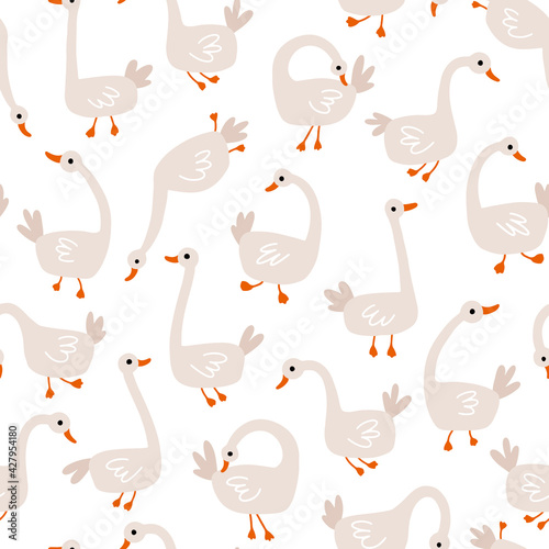 Geese seamless pattern. White Goose in different poses. Cute vector illustration in simple hand drawn cartoon style. Simple childish cartoon style perfect for textiles  baby shower fabrics.