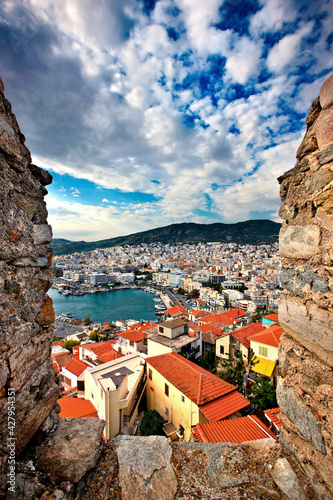 View of Kavala city (both old and modern part) from the castle (Acropolis) of the city. Macedonia, Greece 