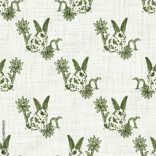 Watercolor cute spring green rabbit motif background. Hand painted whimsical seamless pattern. Modern linen textile for baby nursery decor. Neutral muted scandi style color bunny all over print.