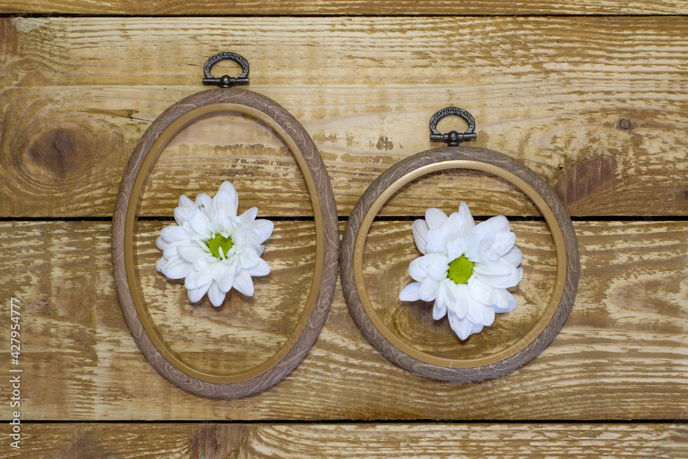 Small cute white daisy in wooden textured frame on brown rough wooden background close up Small cute white daisy in wooden textured frame on brown rough wooden background close up