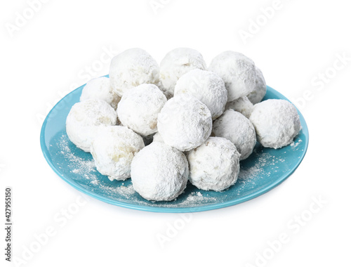 Tasty Christmas snowball cookies isolated on white