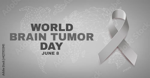 World brain tumor day concept. Banner for June 8 with text and grey ribbon.  Vector illustration. .