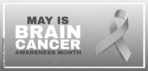 Brain cancer awareness month concept. Banner with text and grey ribbon.  Vector illustration.