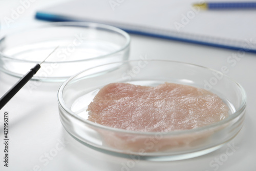 Petri dish with piece of raw cultured meat on white table, closeup