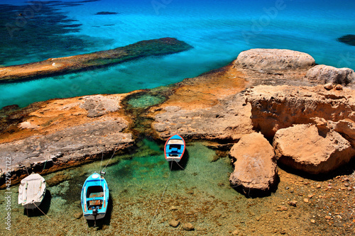 Fyriplaka beach, Milos island, Greece. A natural rocky 