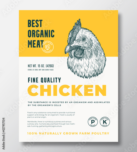 Best Organic Meat Abstract Vector Packaging Design or Label Template. Farm Grown Poultry Banner. Modern Typography and Hand Drawn Chicken Head Silhouette Background Layout with Soft Shadow