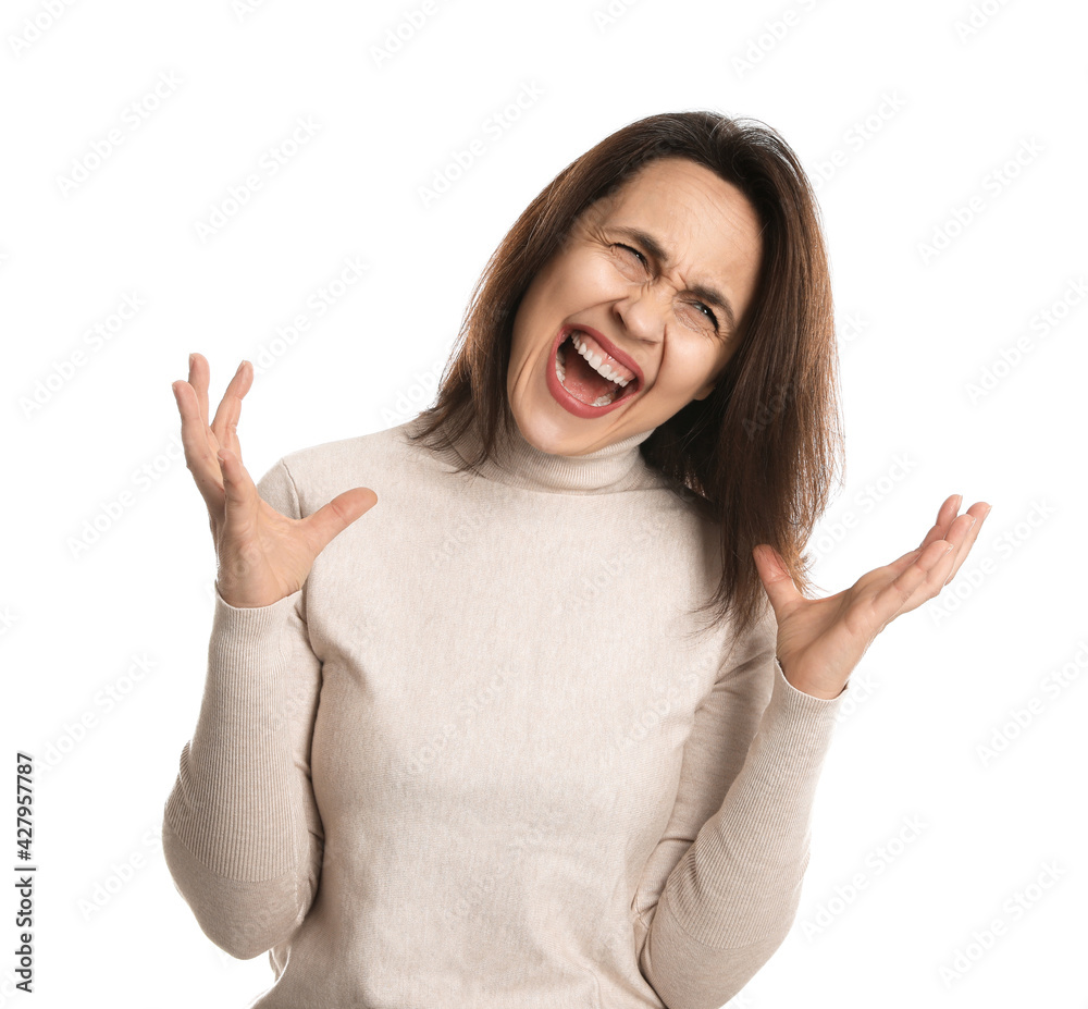 Portrait of angry woman on white background. Hate concept Portrait of angry woman on white background. Hate concept