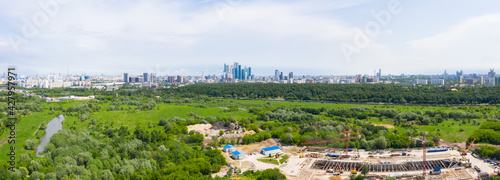 Panoramic view of Moscow on a sunny day, Russia. Picturesque region in the north-west of Moscow city. Terekhovo metro station site