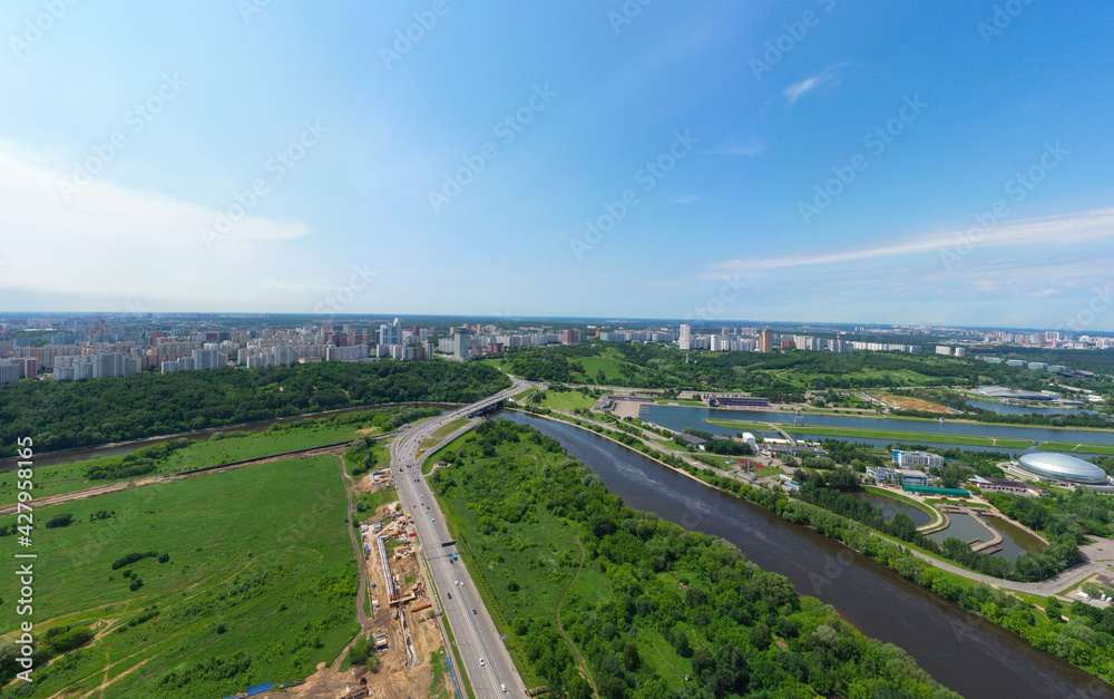 Panoramic view of Moscow on a sunny day, Russia. Picturesque region in the north-west of Moscow city. Terekhovo metro station site