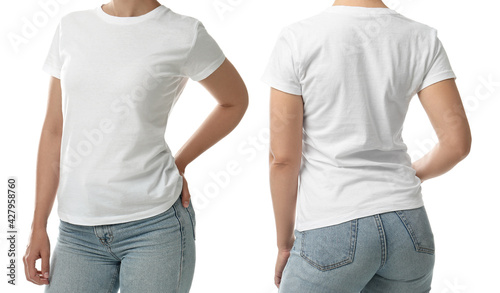 Closeup view of woman in t-shirt on white background, collage. Space for design