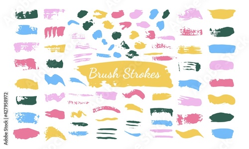 Set of brush strokes. Speech bubbles. Paintbrushes. Grunge design elements. Dirty distress texture banners. Vector illustration on white background.