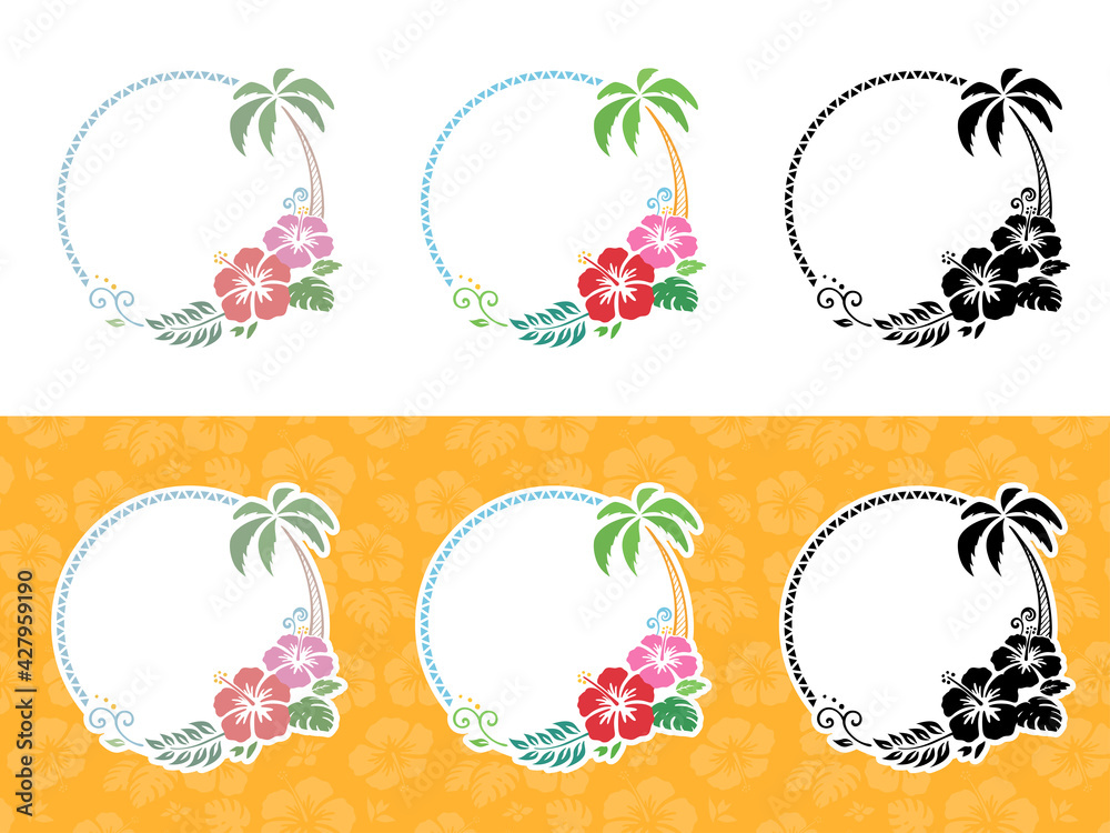 ハイビスカスとヤシの木の飾り枠 丸いフレーム イラスト素材セット Stock Vector Adobe Stock
