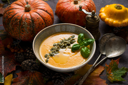 Autumn pumpkin spice soup with pumpkin seeds and olive oil, top view