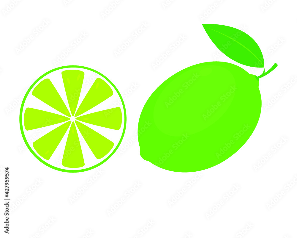 Lime fruits with slices and leaves isolated on a white background Lime fruits with slices and leaves isolated on a white background
