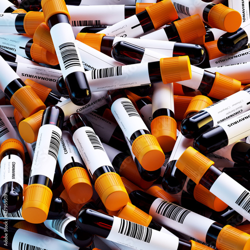 Bulk of Coronavirus blood sample test tubes with positive and negative indication on sticker