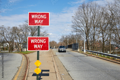 Wrong way sign on the road