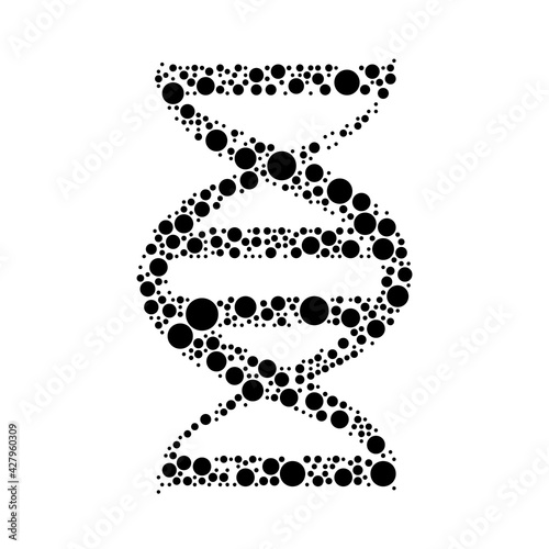 A large dna symbol in the center made in pointillism style. The center symbol is filled with black circles of various sizes. Vector illustration on white background