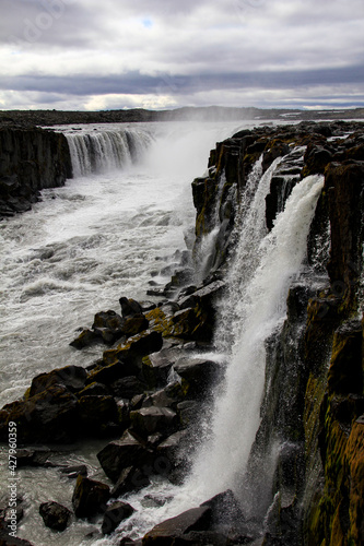 Selfoss waterfall crashing down basaltic rocks near Dettifoss  Iceland