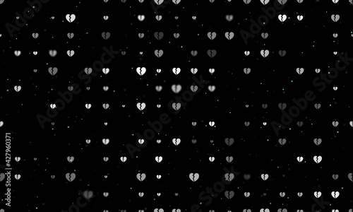Seamless background pattern of evenly spaced white broken heart symbols of different sizes and opacity. Vector illustration on black background with stars