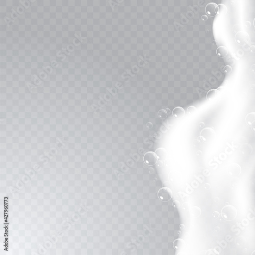 Realistic background with Soap foam. Bath laundry white bubbles, shampoo soap clean bubbling shiny washing hygiene detergent vector. Checkered transparent background