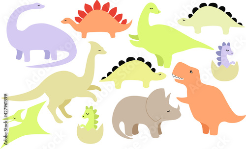 Set of cute dinosaur elements print. vector illustration in pastel delicate colors children s illustration  poster  stickers. baby dino illustration