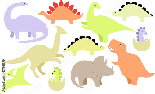 Set of cute dinosaur elements print. vector illustration in pastel delicate colors children's illustration, poster, stickers. baby dino illustration