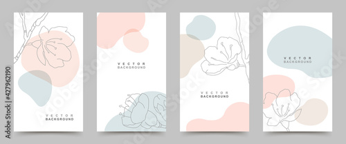 Vector set of background templates with trendy colored shapes and minimal hand drawn flowering branch. Illustration for posters, wedding invitations, social media posts and stories, covers.