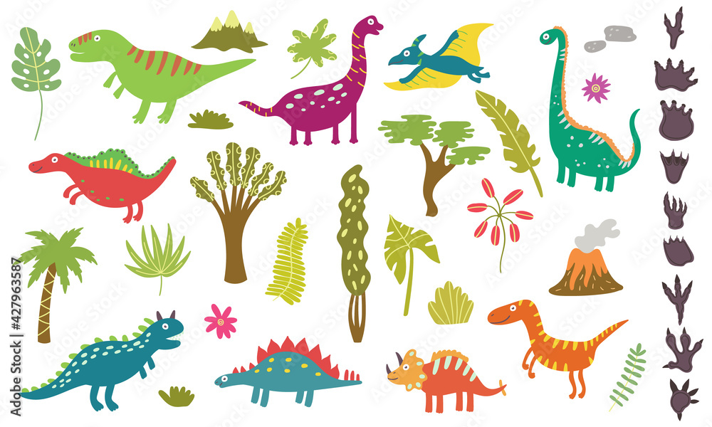 Large set of cute dinosaurs and tropical plants.  Nursery characters for children's design. Vector illustration