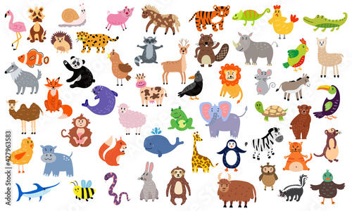 Fototapeta Naklejka Na Ścianę i Meble -  Large set of cute animals.  Nursery characters for children's design. Vector illustration