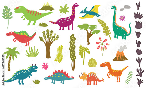 Large set of cute dinosaurs and tropical plants.  Nursery characters for children s design. Vector illustration