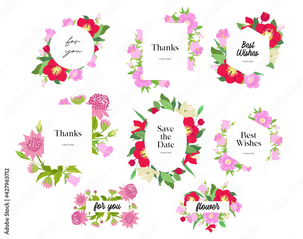 Floral frame for invitation cards. Set of white frame with spring flowers and herb. Vector Floral frame for invitation cards. Set of white frame with spring flowers and herb. Vector