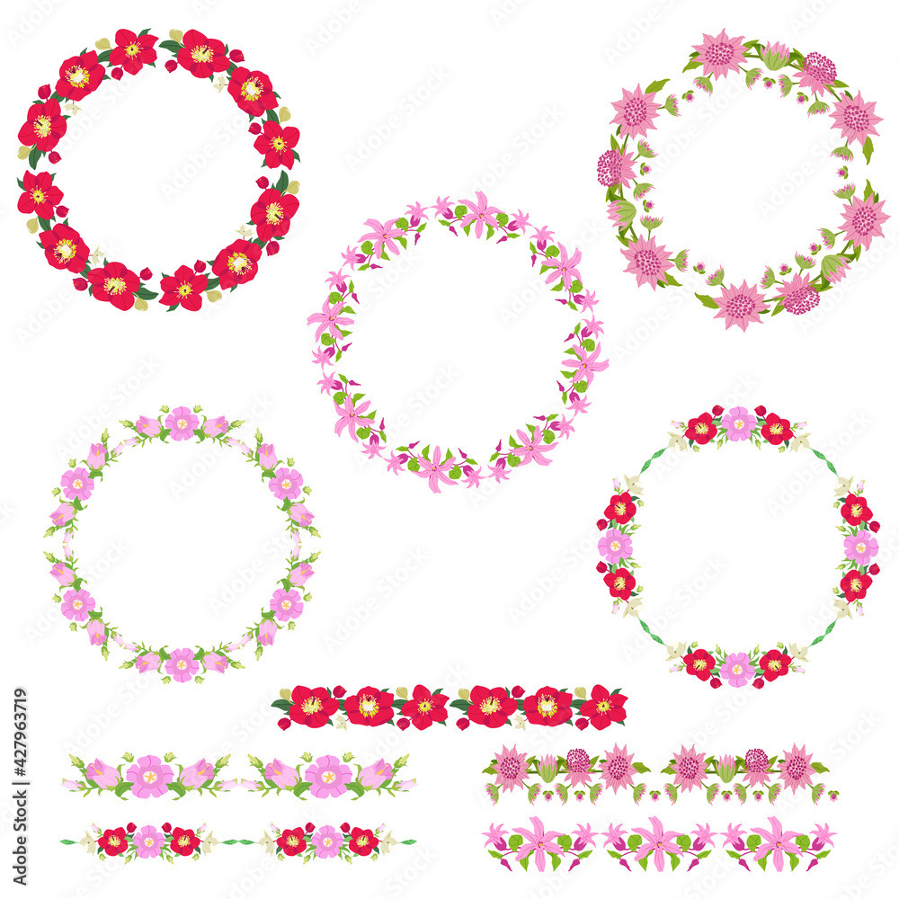 Floral Frame Collection. Set of cute flowers arranged un a shape of the wreath perfect for wedding invitations and birthday cards. Flower borders