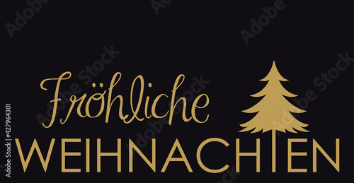 Fröhliche Weihnachten Schriftzug in gold auf schwarzem Hintergrund, Kreidetafel, Kalligraphie