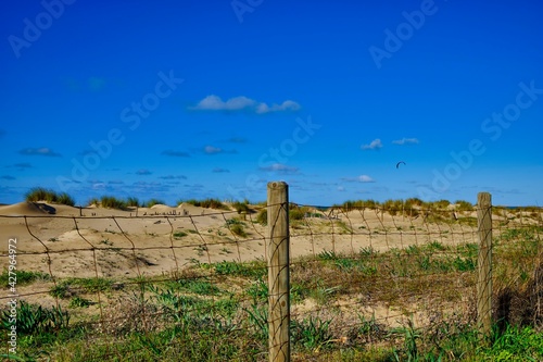 Fence and dunes under blue sky