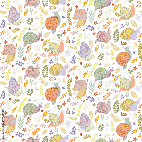 Funny cartoon animals. Hand draw illustration of a baby snails and flowers. Character vector pattern in doodle style. Cute design for kids clothing, for packaging design, logo, label, banner or print.
