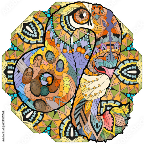 Leo zodiac sign with mandala cute cartoon lion character retro zentangle stylized in vector