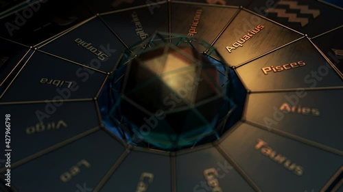 futuristic armillary close-up animation, zodiac signs and names, months and degrees (3d render) photo