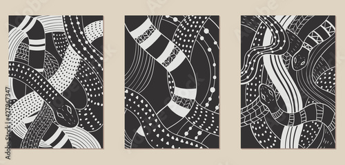 A set of three monochrome aesthetic backgrounds. Minimalistic posters for social networks, web design, interiors, advertising. Vintage illustrations with snakes, patterns, doodles, animals.