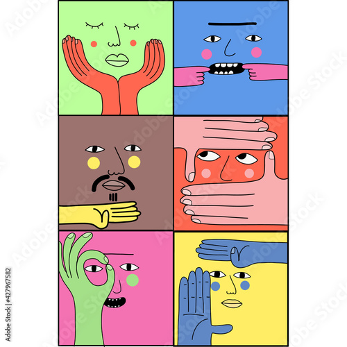 Square abstract comic Faces with various Emotions and hand gestures. Vector illustration EPS10