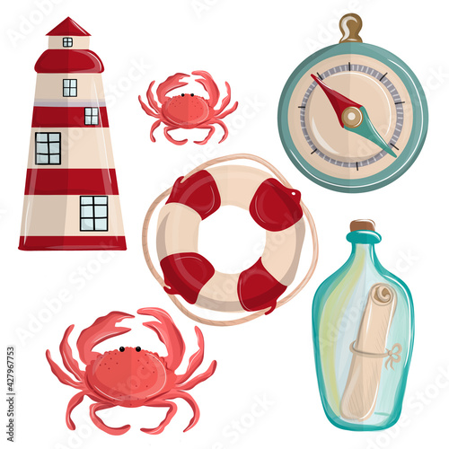 Nautical doodle set with lifebuoy, compass, crab, glass bottle with note and lighthouse. Vector illustration EPS10