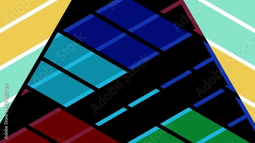 Two series of color bars that move and rotate with a hypnotic effect, intertwining and then creating space in the center for titles, images or symbols, made up of different strips of color.