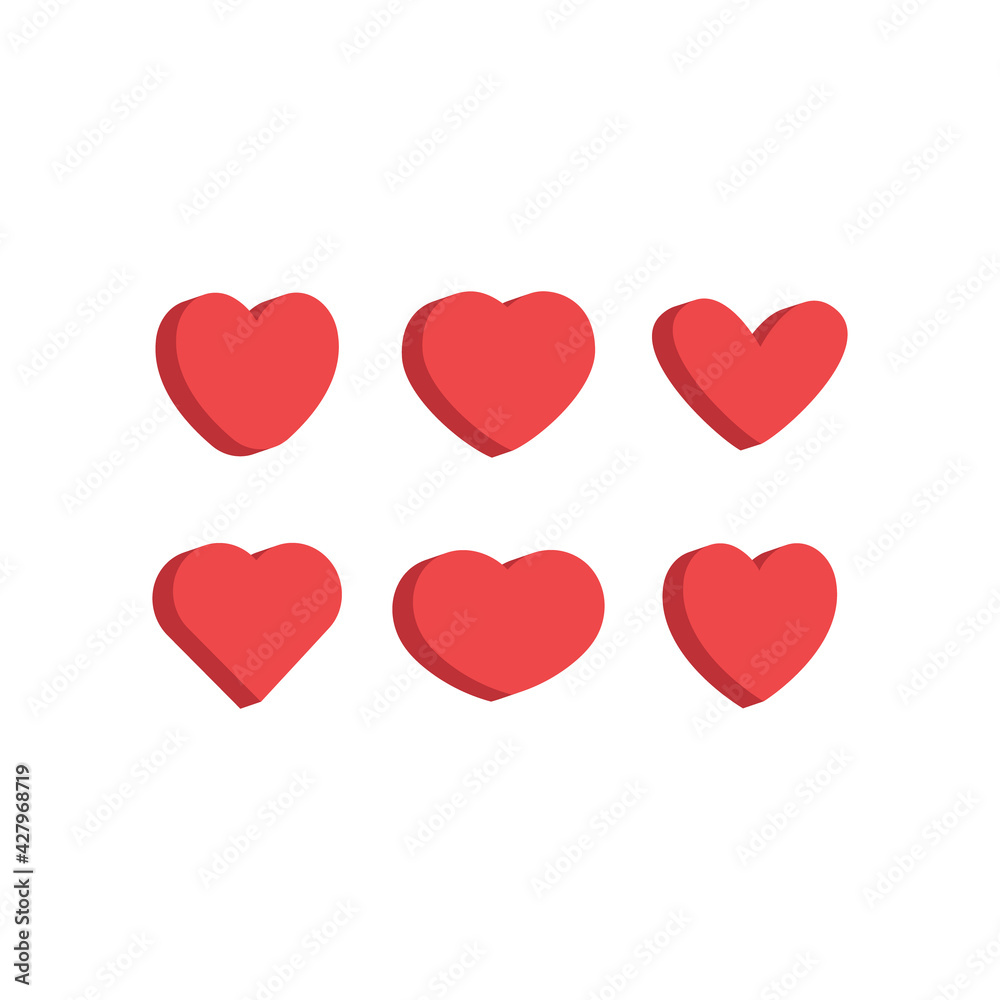 Heart flat 3d icon collection. Red hearts vector isometric illustrations.