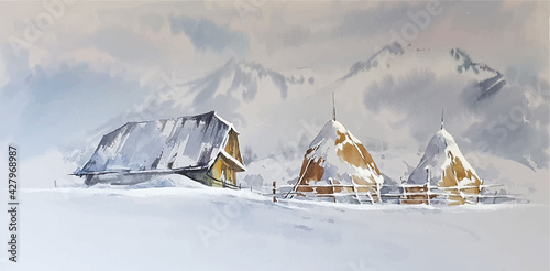Watercolor winter landscape with a house painting