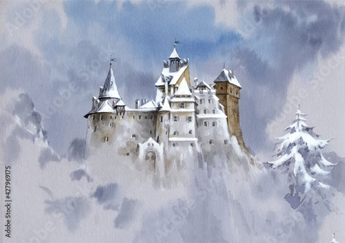 Watercolor castle on the hill illustration