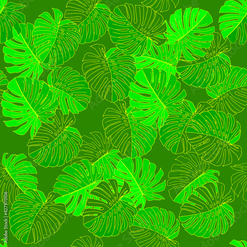 Green vector Illustration of leaves monstera. Seamless pattern