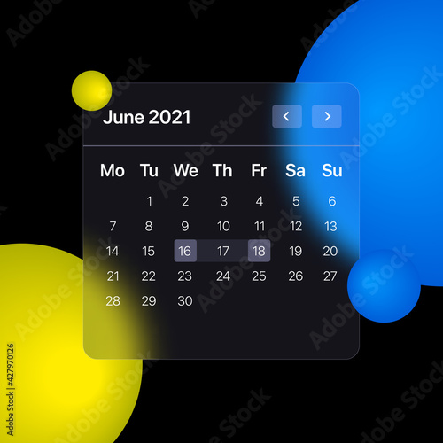 Glassmorhism Calendar Template. UI, UX, GUI layout for mobile and web application. Glassmorphism concept design. Vector illustration