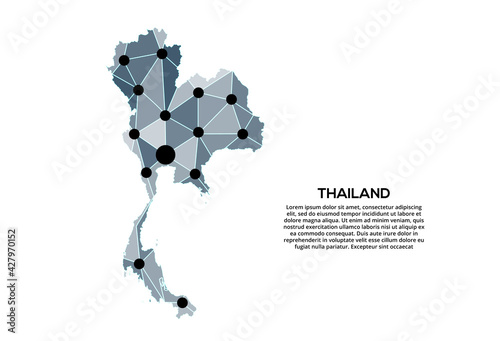 Thailand communication network map. Vector image of a low poly global map with city lights. Map in the form of triangles and dots