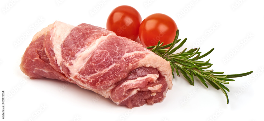 Fresh meat rolls, wrapped meat, isolated on white background